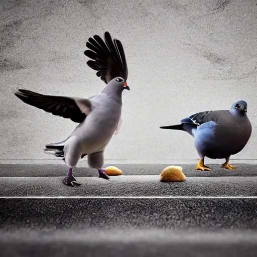 Prompt: a pigeon vs a kid kung fu style in a dojo for a piece of bread, facing each other, stand off, muscled pigeon like the rock, best photo award, high quality 8 k, cinematic lighting, cinematic composition, high detail, landscape photo