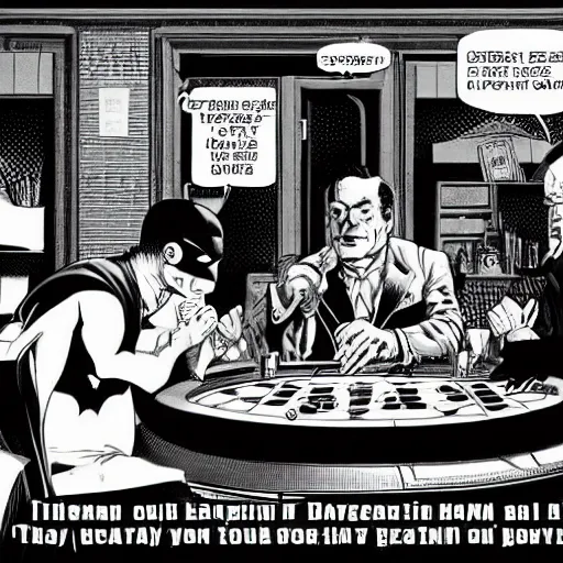 Image similar to batman playing a poker game with other superheroes in a basement, coolidge