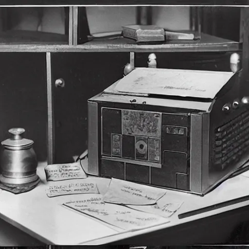 Prompt: Archive photo of a British encryption device. 1943.