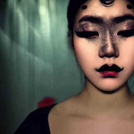 Image similar to filmstill, over the shoulder photography of asian girl with golden makeup looking in to the camera, black lips, black kimono, black pagoda, black face tattoo, sad mood, god rays, volumetric light, lightbeams, art noveau style, neobrutalistic