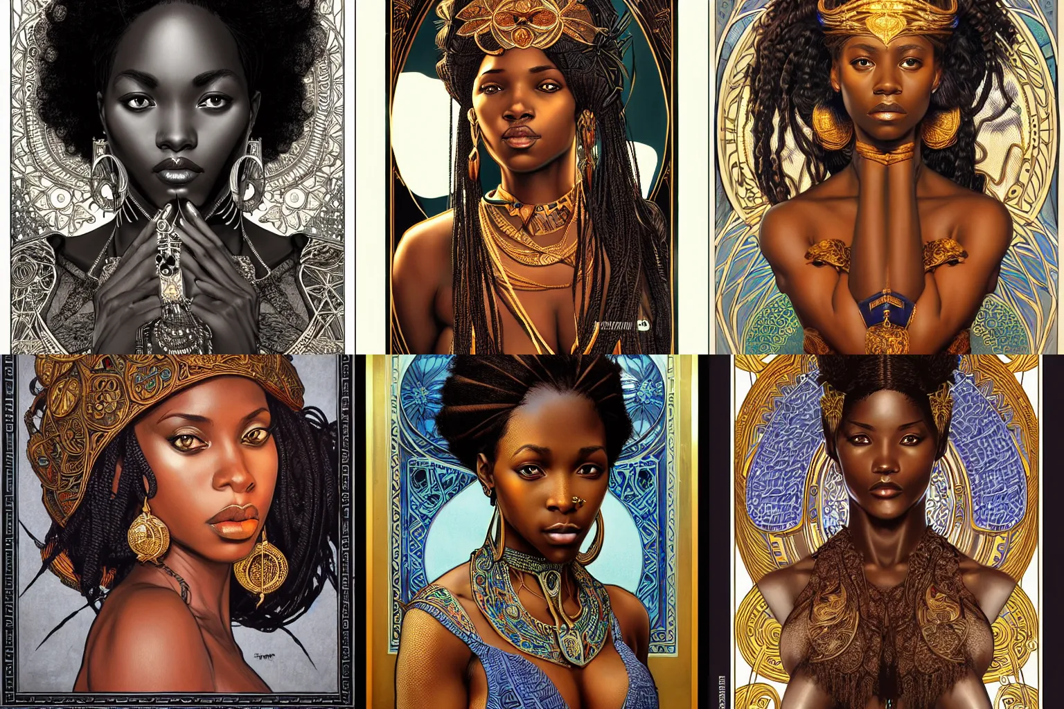 Prompt: black african princess, symmetric, highly detailed, concept art, intricate, sharp focus, illustration, hans thoma, rutkowski, artgerm, alphonse mucha