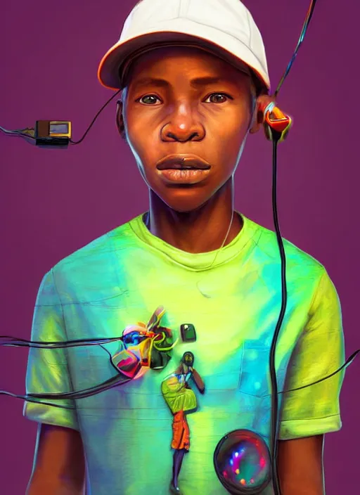 Prompt: colourful vfx portrait - art of an african boy wearing a baseball cap with wires and computer chips dangling from its inside, art by james jean, volumetric light, dramatic lighting, ray tracing, digital painting, digital illustration, claymation style, unreal engine render, sharp, intricate detail, behance, artstation, pinterest,