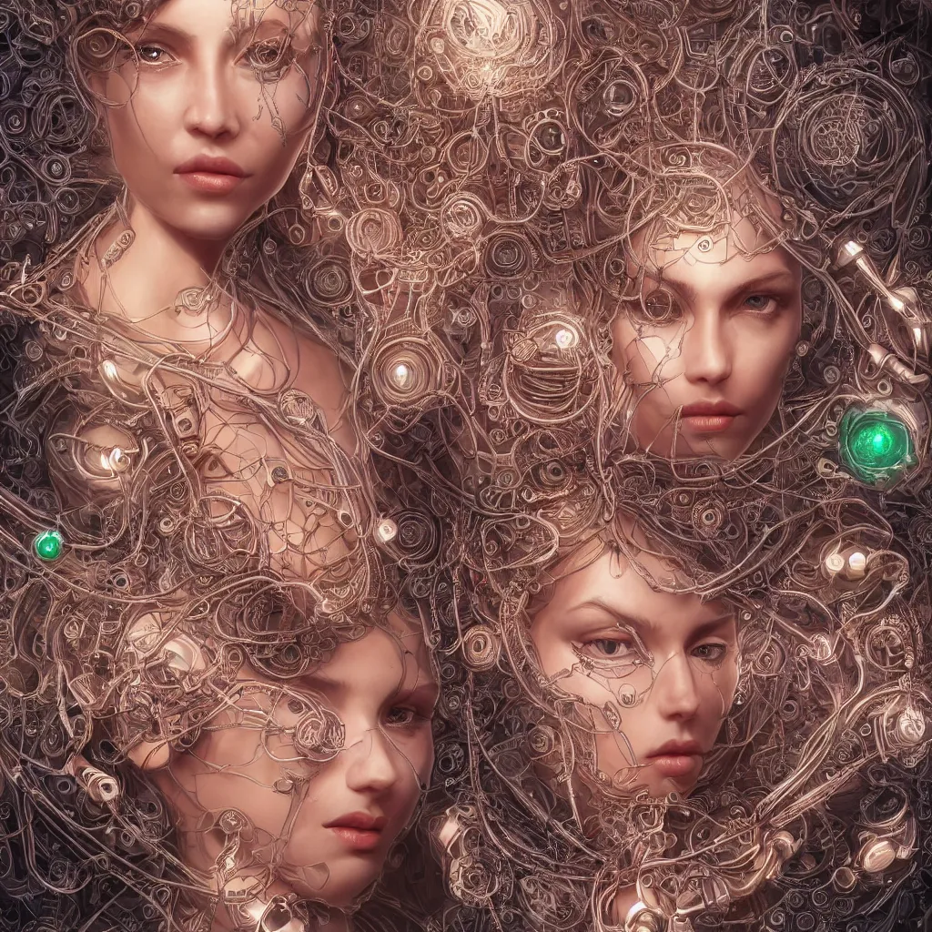 Prompt: very beautiful woman integrating with technology, full face frontal centered, portrait, insipiring, detailed intricate ornate cables connected to head, big open electric eyes, luxurious detailed abundent wiring and implants, diamonds, sci-fi, neon, emeralds, detailed technology full background, highly detailed, artstation, Rene Lalique and Eddie Mendoza