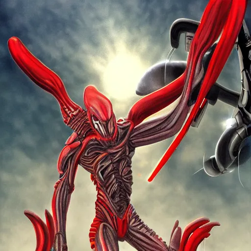 Image similar to Ultraman is digging on Xenomorph's back, digital art,high detailed,fine art,trending on Artstation.