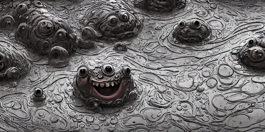 Image similar to of an intricate muddy water with strange cute friendly happy creatures with huge eyes, long tongue, round teeth and goofy funny face, appearing from the background, in the style of gehry and gaudi, macro lens, shallow depth of field, ultra detailed, digital painting, trending artstation, concept art, illustration, cinematic lighting, photorealism, epic, octane render