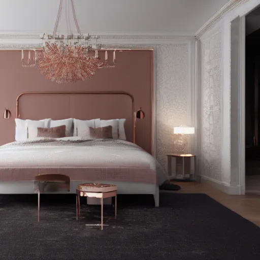 Image similar to 3 d render of white bedroom with rose gold metallic accents