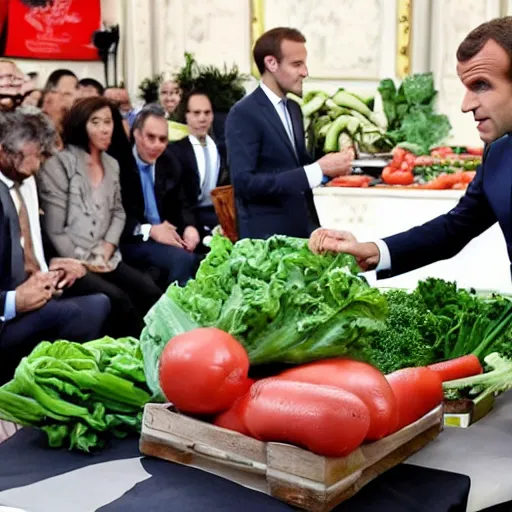 Prompt: Macron fighting against geant vegetable
