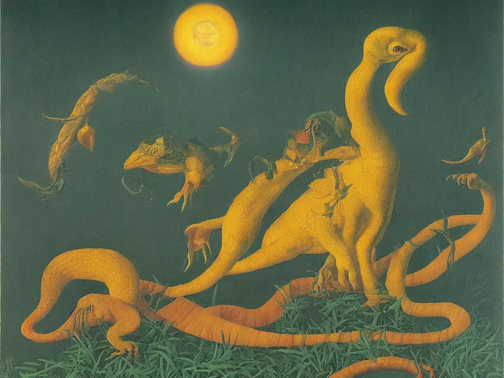 Image similar to beautiful exotic melancholy reptile at night. Painting by Jan van Eyck, Audubon, Rene Magritte, Agnes Pelton, Max Ernst, Walton Ford