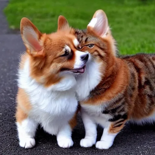 Prompt: corgi and cat hugging each other, cute, realistic