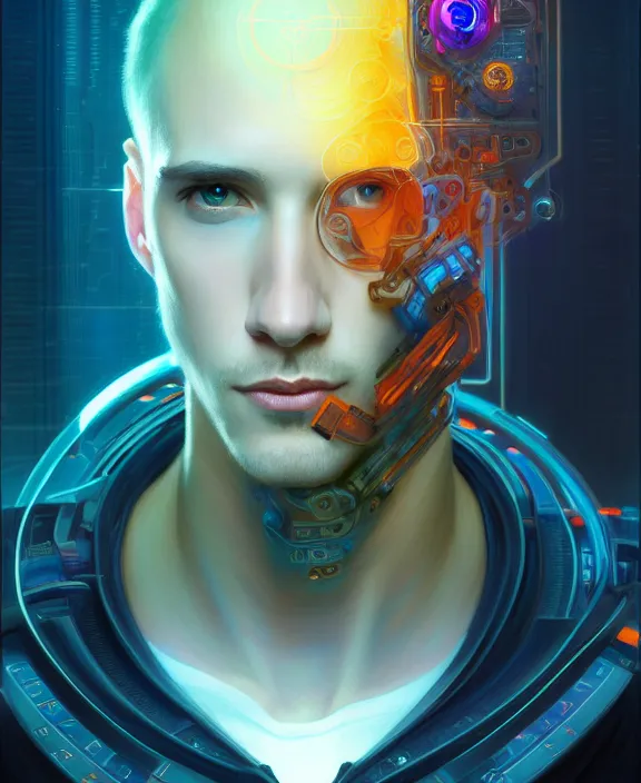 Image similar to a whirlwind inside the metaverse, guy, male, man, hologram, half body, neurochip, android, cyborg, cyberpunk face, by loish, d & d, fantasy, intricate, elegant, highly detailed, colorful, digital painting, artstation, concept art, art by artgerm and greg rutkowski and alphonse mucha