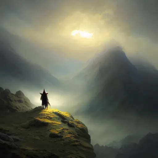 Image similar to epic portrait an hooded mage walking on cloudy hills, ripped cape, blurred backround, broad light, ambient occlusion, volumetric light effect, made by ivan aivazovsky, peter mohrbacher, greg rutkowski, matte painting, trending on artstation, 4 k, perfectly defined features, digital painting,