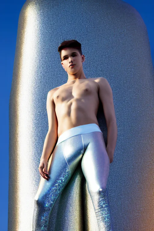 Image similar to un ultra high definition studio quality photographic art portrait of a young man standing on the rooftop of a british apartment building wearing soft baggy inflatable padded silver iridescent pearlescent clothing. three point light. extremely detailed. golden ratio, ray tracing, volumetric light, shallow depth of field. set dressed.