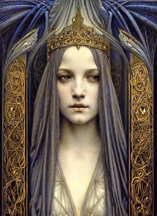 Image similar to detailed realistic beautiful young medieval queen face portrait by jean delville, gustave dore and marco mazzoni, art nouveau, symbolist, visionary, gothic, pre - raphaelite. horizontal symmetry