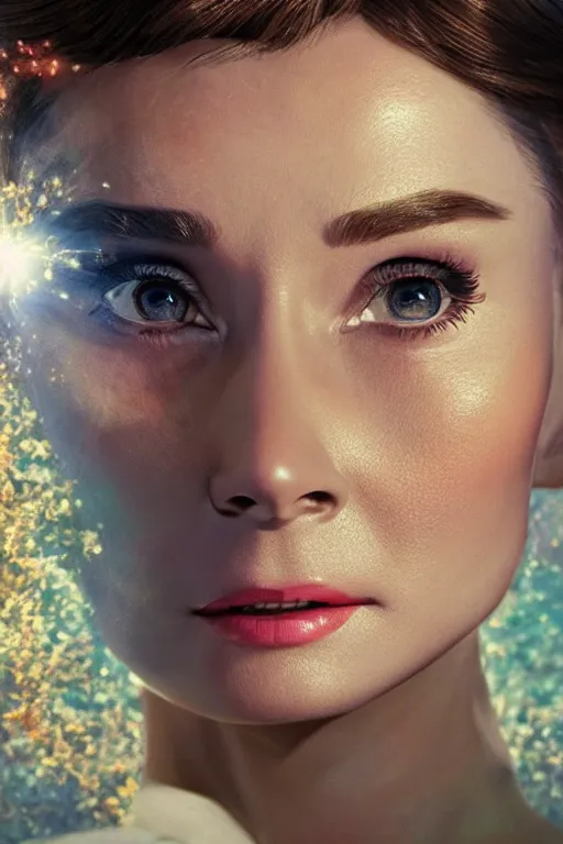 Prompt: Audrey Hepburn as a Celestial Goddess of the Multiverse, close-up, seductive, rule of thirds, captivating look, award winning photo, unreal engine, studio lighting, highly detailed features, interstellar tsunami by James Jean