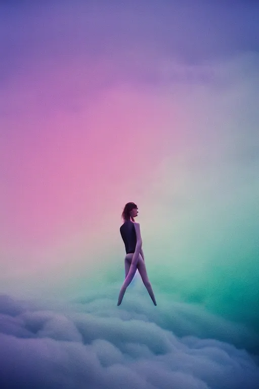 Image similar to high quality pastel coloured film close up wide angle photograph of a model wearing clothing swimming on cloud furniture in a icelandic black rock!! environment in a partially haze filled dreamstate world. three point light, rainbow. photographic production. art directed. pastel colours. volumetric clouds. pastel gradient overlay. waves glitch artefacts. extreme facial clarity. 8 k. filmic.