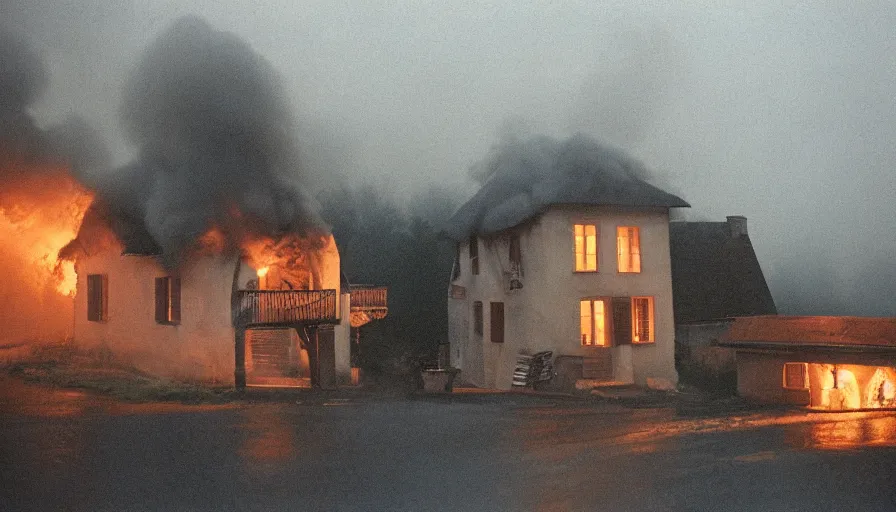 Prompt: 1 9 7 0 s movie still of a heavy burning french style little house in a small northern french village by night, rainy, foggy, cinestill 8 0 0 t 3 5 mm, heavy grain, high quality, high detail, dramatic light, anamorphic, flares