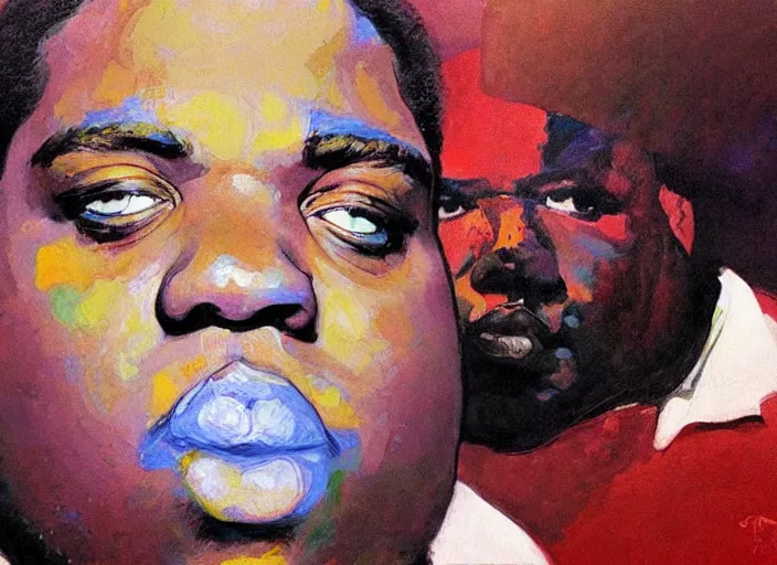 Prompt: a highly detailed beautiful portrait of notorious b. i. g on lsd, by gregory manchess, james gurney, james jean