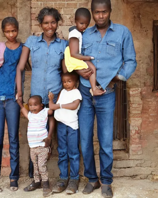 Prompt: a man with five children passing on his pair of jeans