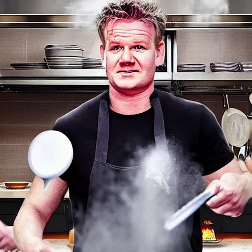 Image similar to hyper real Gordon Ramsey cooking a unicorn in kitchen 4k