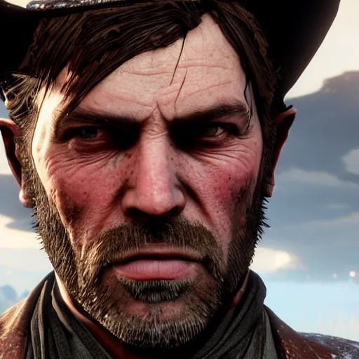 Image similar to a gunslinger with a long scar across the left side of his face, from red dead redemption 2, dramatic light, highly detailed