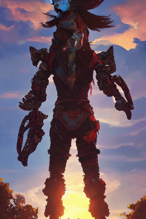 Image similar to combination suit armor aloy horizon forbidden west horizon zero dawn radiating a glowing aura global illumination ray tracing hdr fanart arstation by ian pesty and alena aenami artworks in 4 k tribal robot ninja mask helmet backpack