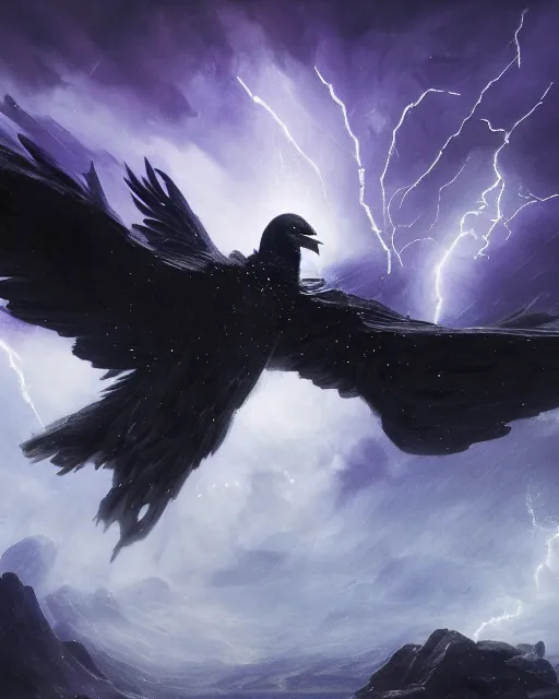 Prompt: oil painting of Anthropomorphized Elemental Raven casting spell, magical runes flying, wearing fur cloak, sharp focus, lightning storm background, magical aura, heroic pose, fantasy style, octane render, volumetric lighting, 8k high definition, by greg rutkowski, highly detailed, trending on art Station, magic the gathering artwork, Thunderstorm background, centered, dramatic artwork