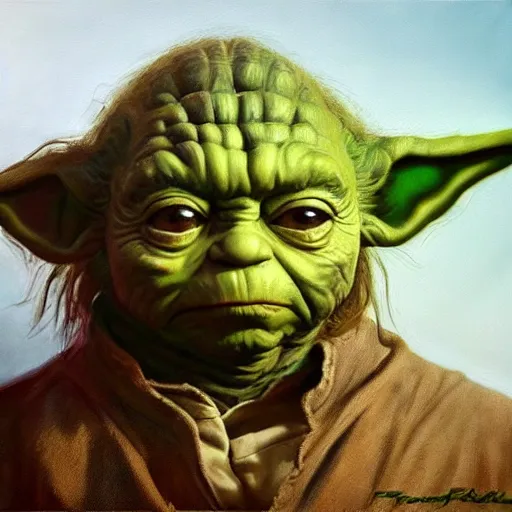 Image similar to ultra realistic portrait painting of tommy lee jones as yoda, art by frank frazetta, 4 k, ultra realistic, highly detailed, epic lighting