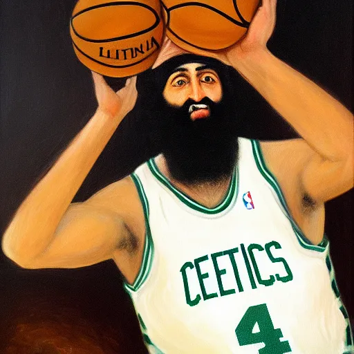 Image similar to facial portrait of osama bin laden shooting free throws, boston celtics, oil on canvas by william sidney mount