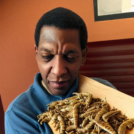 Image similar to john coltrane snuggling a giant mealworm