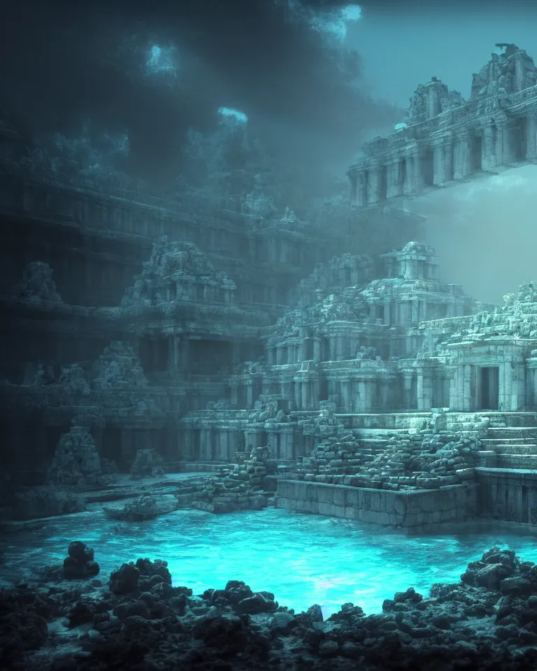 Image similar to ultrawide shot of submerged pre - incan temple, anime style mixed with fujifilm, dark, underwater, symmetrical, bubbles, abyss, dark, murky, foggy, atmospheric, crepuscular rays, artstation, cgsociety, octane render, cgi, unreal engine 5, denoise, detailed, cinematic masterpiece