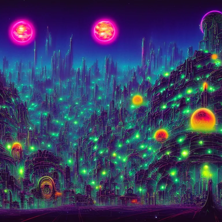 Image similar to mysterious astral city at night, glowing orbs, infinite sky, synthwave, bright neon colors, highly detailed, cinematic, tim white, philippe druillet, roger dean, ernst haeckel, lisa frank, michael whelan, kubrick, kimura, isono