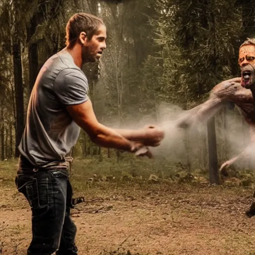Prompt: a creepy monstrous skinwalker fights paul walker, professional photography