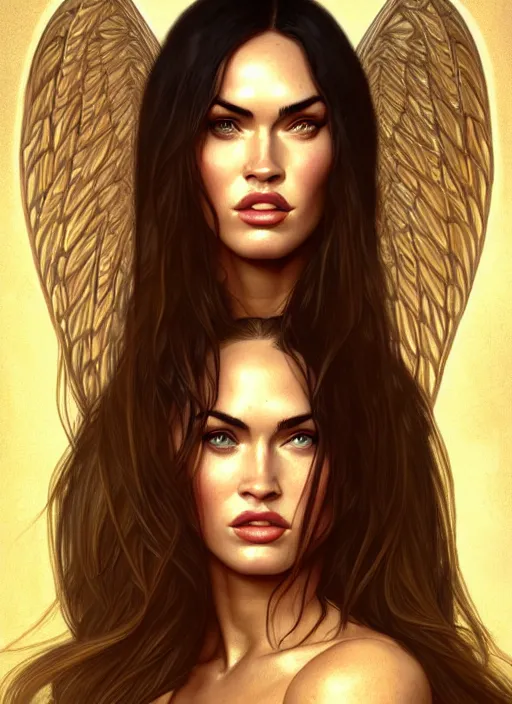 Image similar to portrait of megan fox as an blonde angel, wings, bible, intricate, headshot, highly detailed, digital painting, artstation, concept art, sharp focus, cinematic lighting, illustration, art by artgerm and greg rutkowski, alphonse mucha, cgsociety