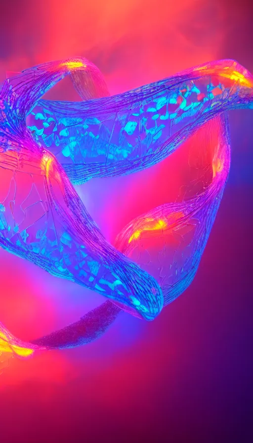 Image similar to 8 k uhd houdini recursive dna structure, background radiant swirling smoke wisps, dreamy colors, magical volumetric lighting, 1 8 mm lens