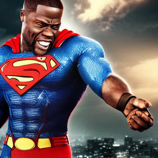 Image similar to kevin hart beating up the rock in a superman costume, octane render, hyperdetailed