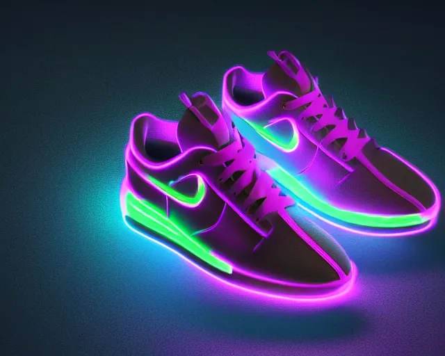 Prompt: A 3D model of of futuristic nike sneakers with neon lights from below, highly detailed, award winning, octane render