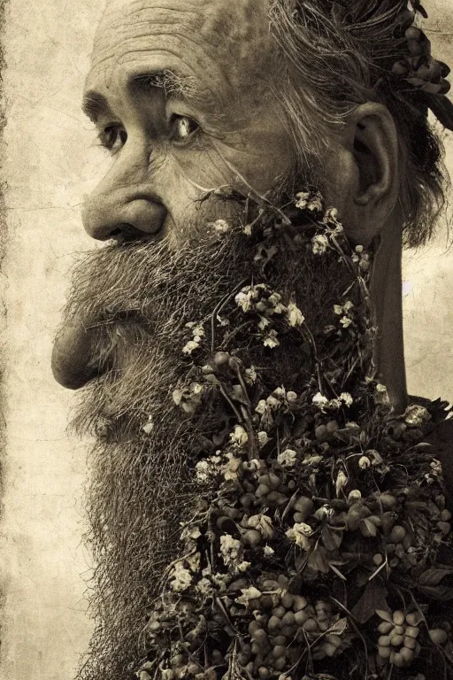 Image similar to an old man's face in profile, long beard, made of flowers and fruit, in the style of the Dutch masters and Gregory crewdson, dark and moody