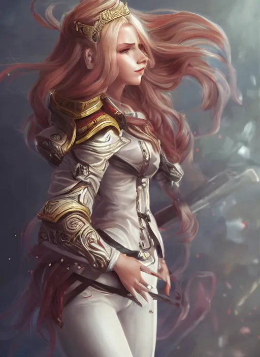 Image similar to a highly detailed illustration of beautiful long dirty blonde haired pale girl wearing epaulette uniform wearing white pants, red eyes, intricate, elegant, highly detailed, centered, digital painting, artstation, concept art, smooth, sharp focus, league of legends concept art, WLOP