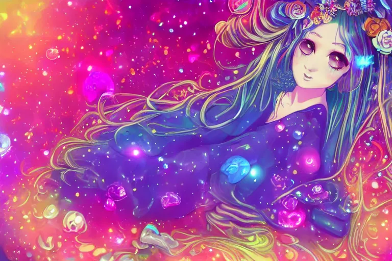 Image similar to psychedelic, full body picture, whimsical, anime, 4k, beautiful lusty woman smoking a bong, with professional makeup, long trippy hair, a crystal and flower dress, sitting in a reflective pool, surrounded by gems, underneath the stars, rainbow fireflies, trending on patreon, deviantart, twitter, artstation, volumetric lighting, heavy contrast, art style of Ross Tran and Miho Hirano and Ilya Kuvshinov