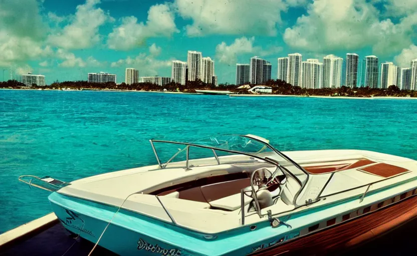 Image similar to photorealistic picture of a sport boat turquoise water. miami. 8 0's style