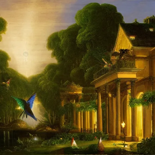 Image similar to many jewel colored hummingbirds with milky eyes hovering around plants in front of a sprawling manor in a renaissance architecture city street at night with rainforest greenery, thomas cole, illustration