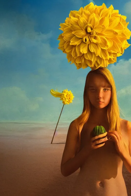 Prompt: closeup girl with huge yellow dahlia flower as a face, on beach, surreal photography, blue sky, sunrise, dramatic light, impressionist painting, digital painting, artstation, simon stalenhag