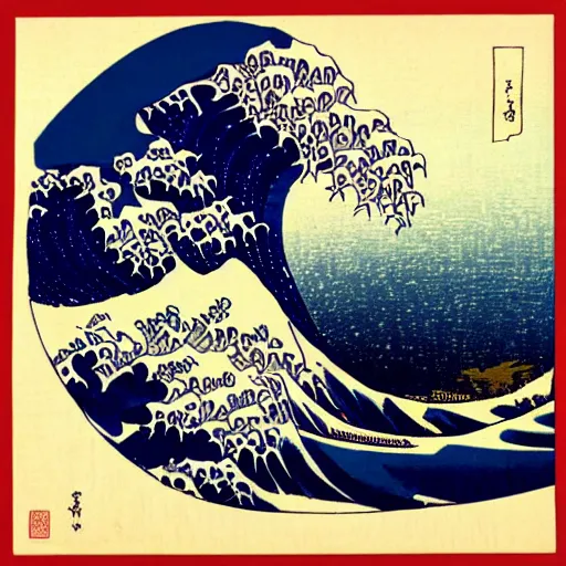 Image similar to girl surfing, woodblock print, style of hokusai, fine art, style of kanagawa, painting