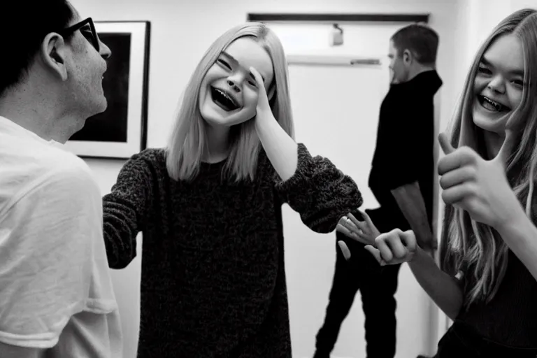 Image similar to photo of elle fanning pointing and laughing at some incel loser that makes repeated photos of her on stable diffusion because he's a sick loser. polaroid. terry richardson.