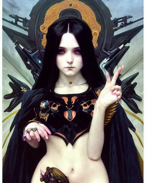 Image similar to portrait of beautiful goth e - girl cosplay with black hair in warhammer armor, white background, art by ( ( ( kuvshinov ilya ) ) ) and wayne barlowe and gustav klimt and artgerm and wlop and william - adolphe bouguereau