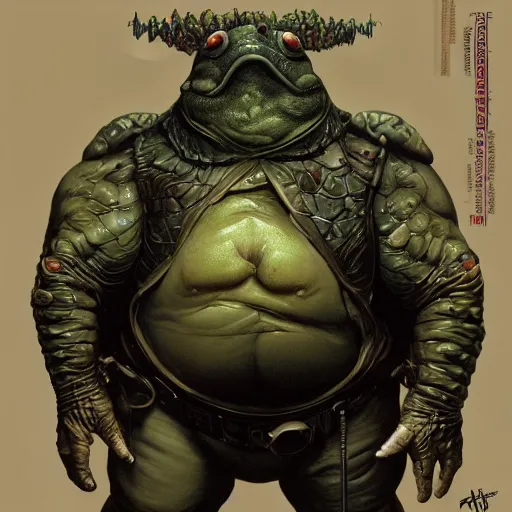 Image similar to photoreal portrait of an armoured bloated man resembling a toad, by boris vallejo and norman rockwell, artstation, horror, concept creature character art