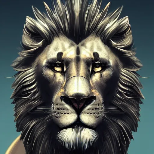 Prompt: mechanical lion, digital illustration, concept art, artstation, full image with border around it