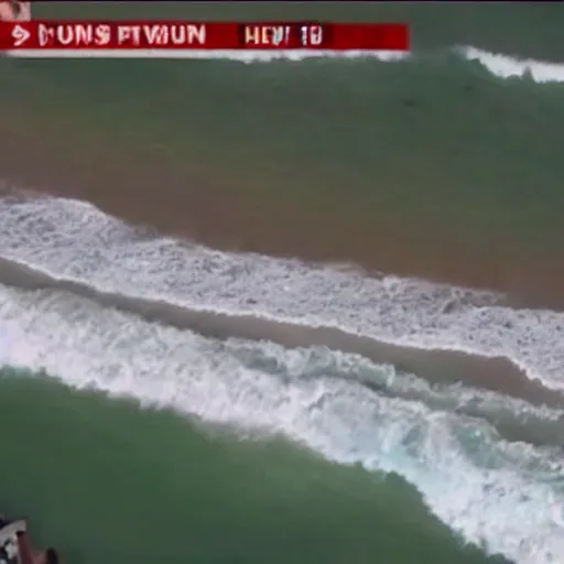 Prompt: cnn news footage of donald trump being washed up on shore, view from above, tv