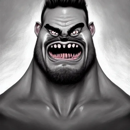 Image similar to Extremely funny face of very manly Gigachad with very big jaws, big eyebrows, smile like trollface jaw tilted on side, painting on grey scale face, powerful , magic, thunders, dramatic lighting, intricate, wild, highly detailed, digital painting, artstation, concept art, smooth, sharp focus, illustration, art by artgerm and greg rutkowski and alphonse mucha, footage