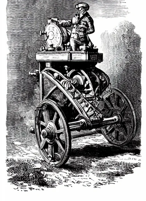 Image similar to 19th century wood-engraving of a steam powered Renault FT tank, whole page illustration from Jules Verne book, art by Édouard Riou Jules Férat and Henri de Montaut, frontal portrait, high quality, beautiful, highly detailed, removed watermarks